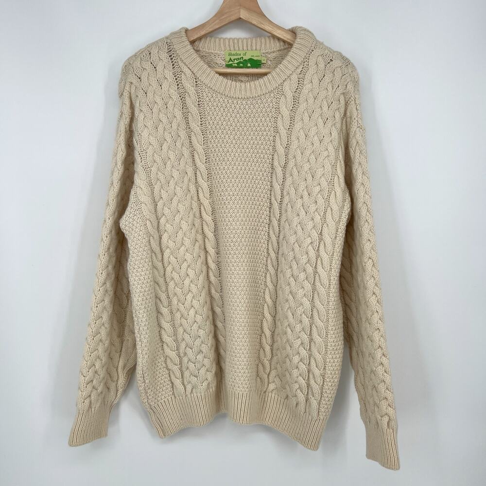 Shades of Aran Merino Wool Sweater Fishermans Large Ivory Cream Irish Cable Knit